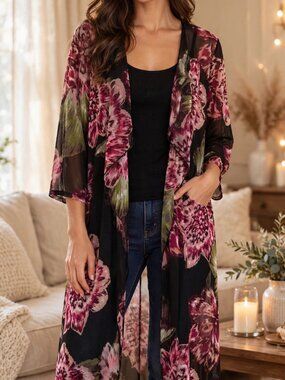 Emma G M Black Pink Floral Kimono Duster Open Front Sheer Womens
